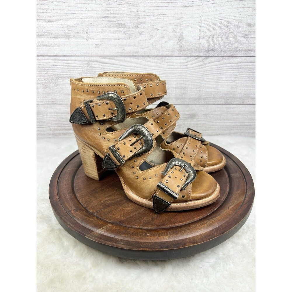 Freebird by Steven Violet Tan Leather Western Buckle Heeled Sandals Size 7 Boho